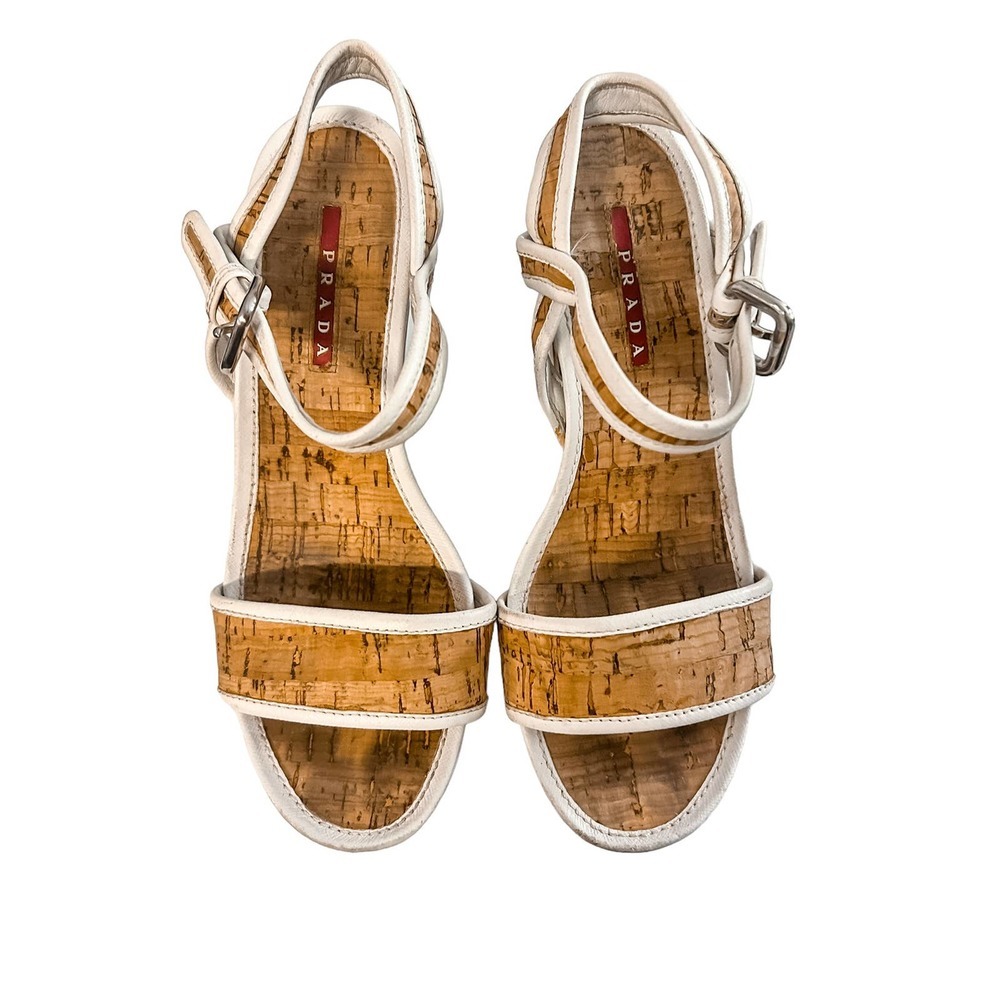 Prada Cork White Leather Platform Wedge Sandals - Picture 3 of 7